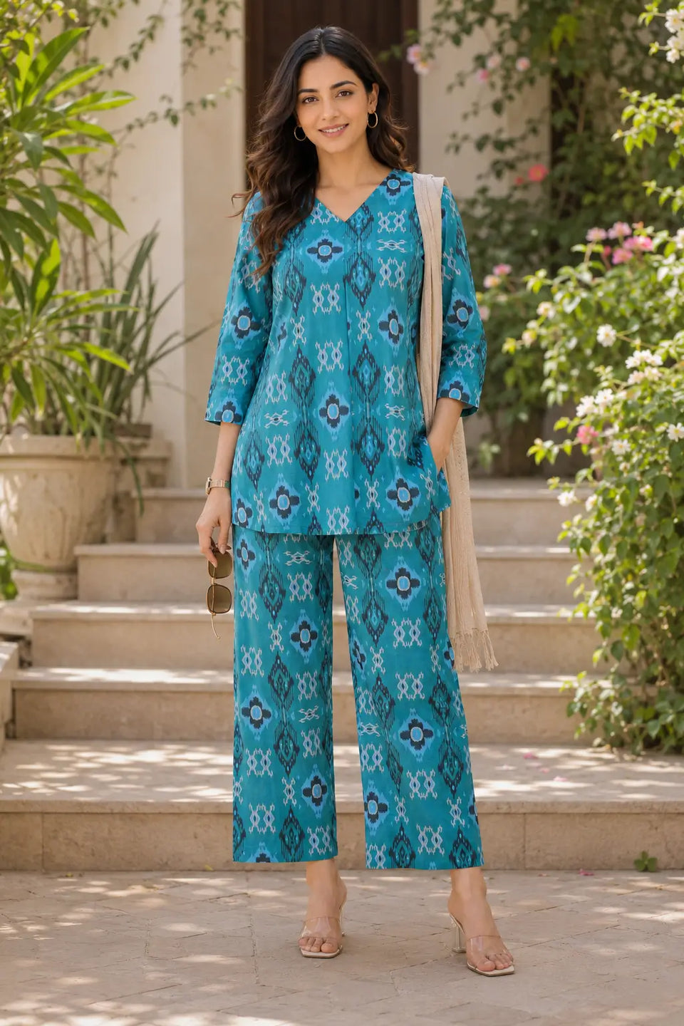 Rabric turquoise blue cotton geometric print co-ord set for women styled in outdoor cafe look with casual accessories