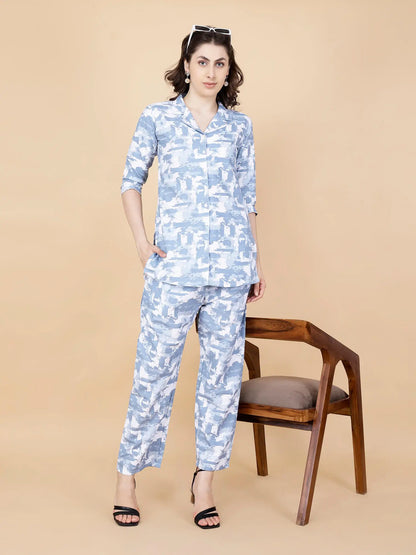 Elegant Blue Abstract Print Two-Piece Set for Women by Rabric