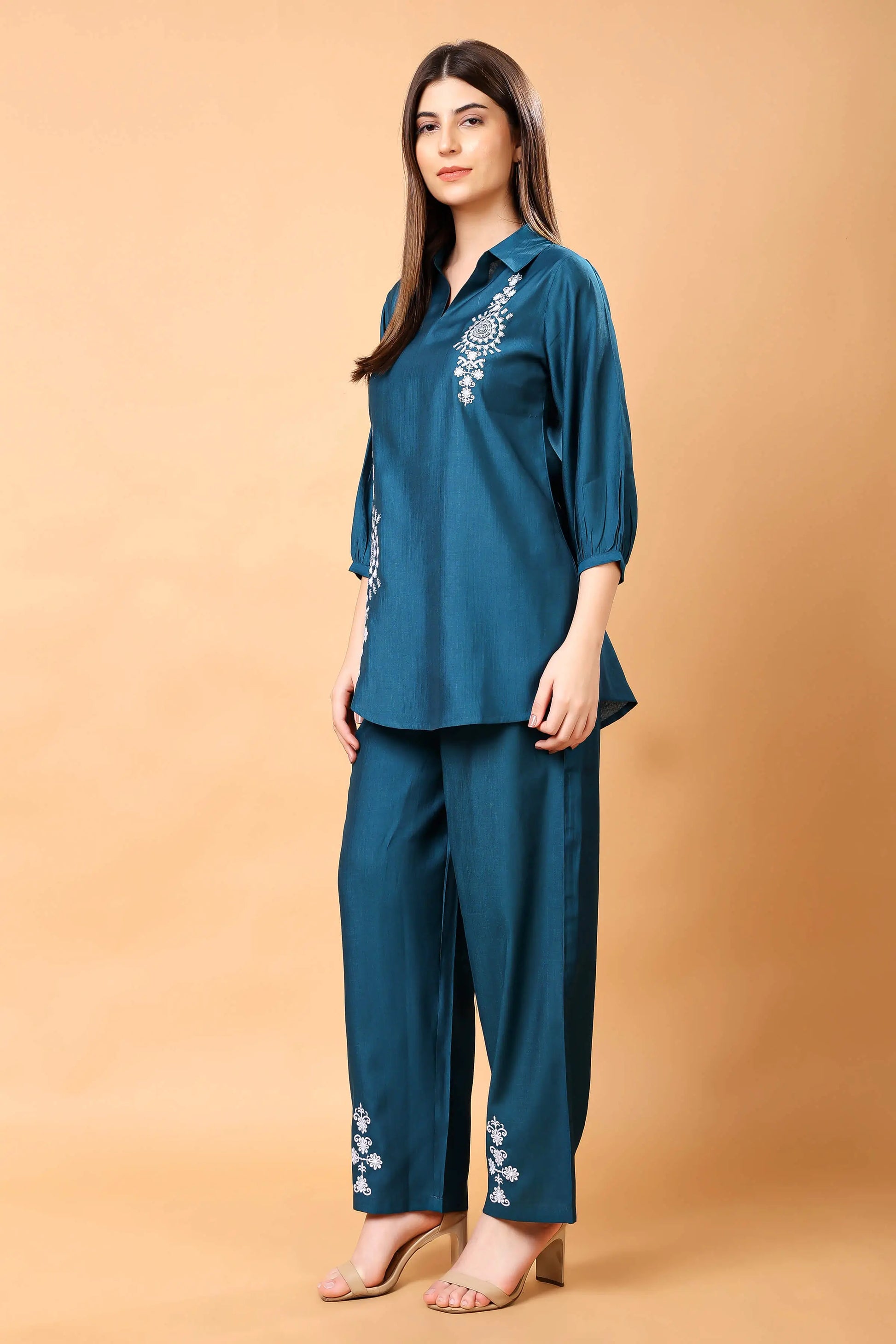 Model Wearing Rabric Teal Blue Embroidered Co-ord Set