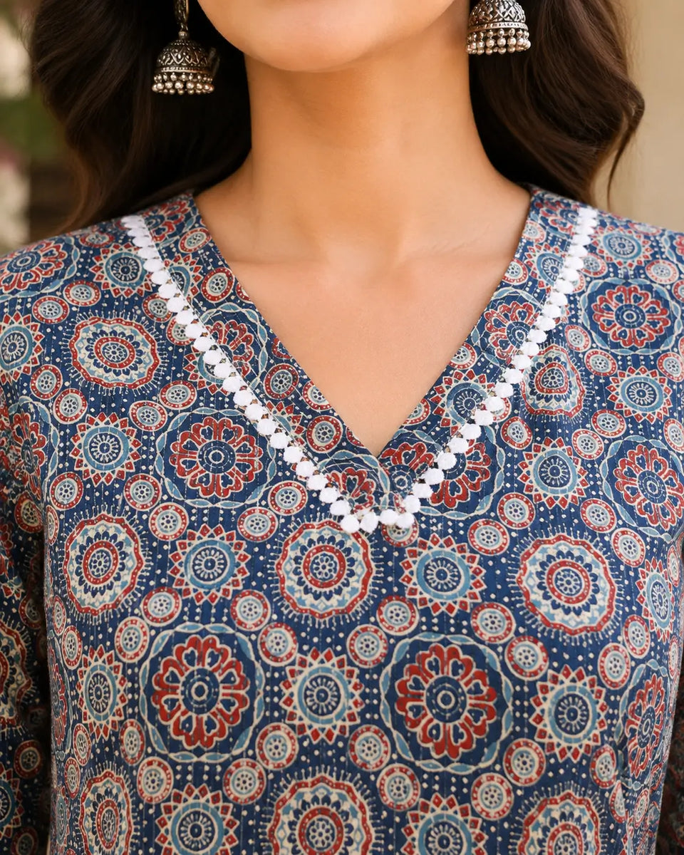 Close up V neck design of Rabric blue red Ajrakh print cotton kurti for women