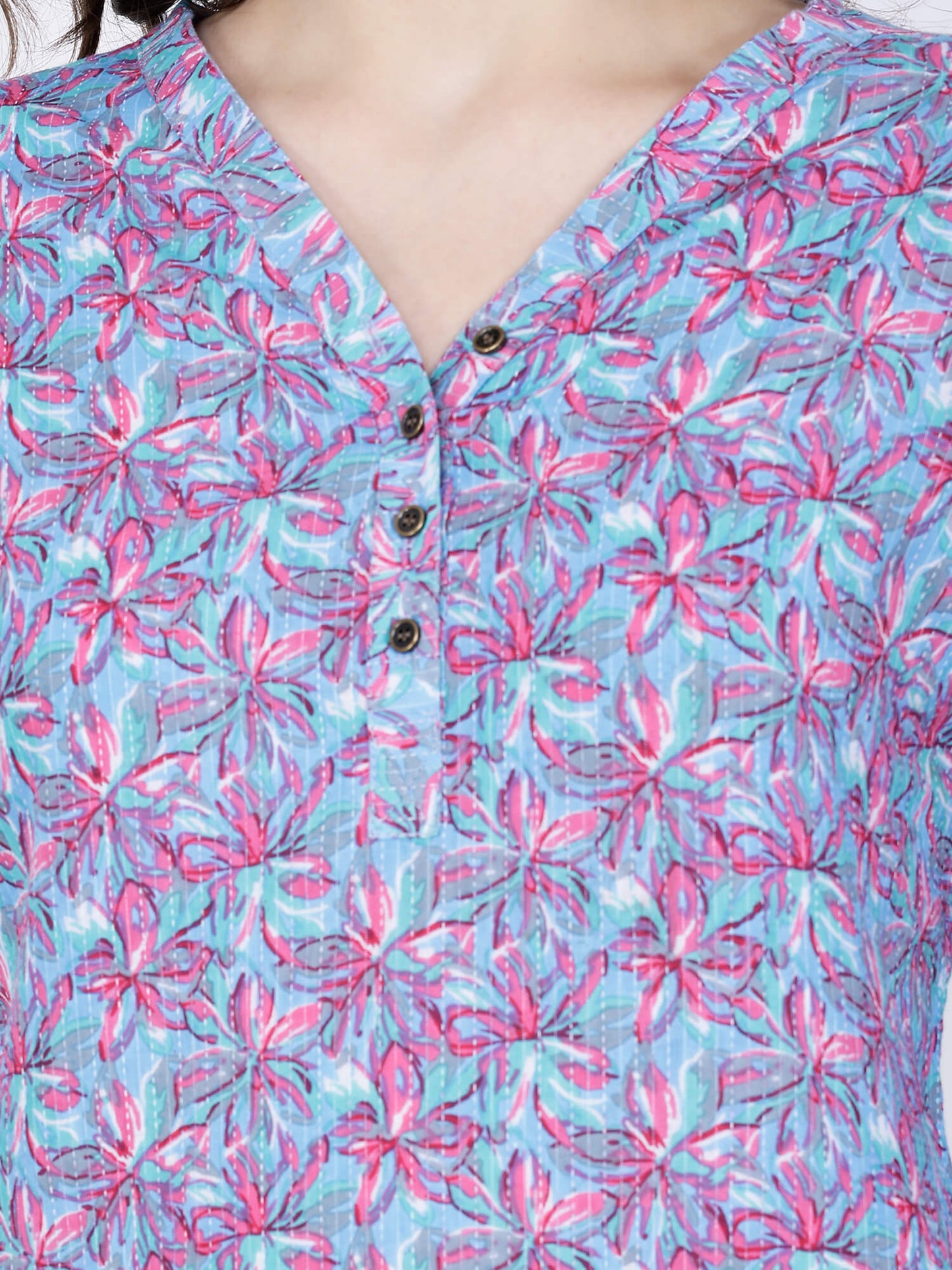 V-Neck Design with Brass Buttons – Rabric Cotton Kurti Detail