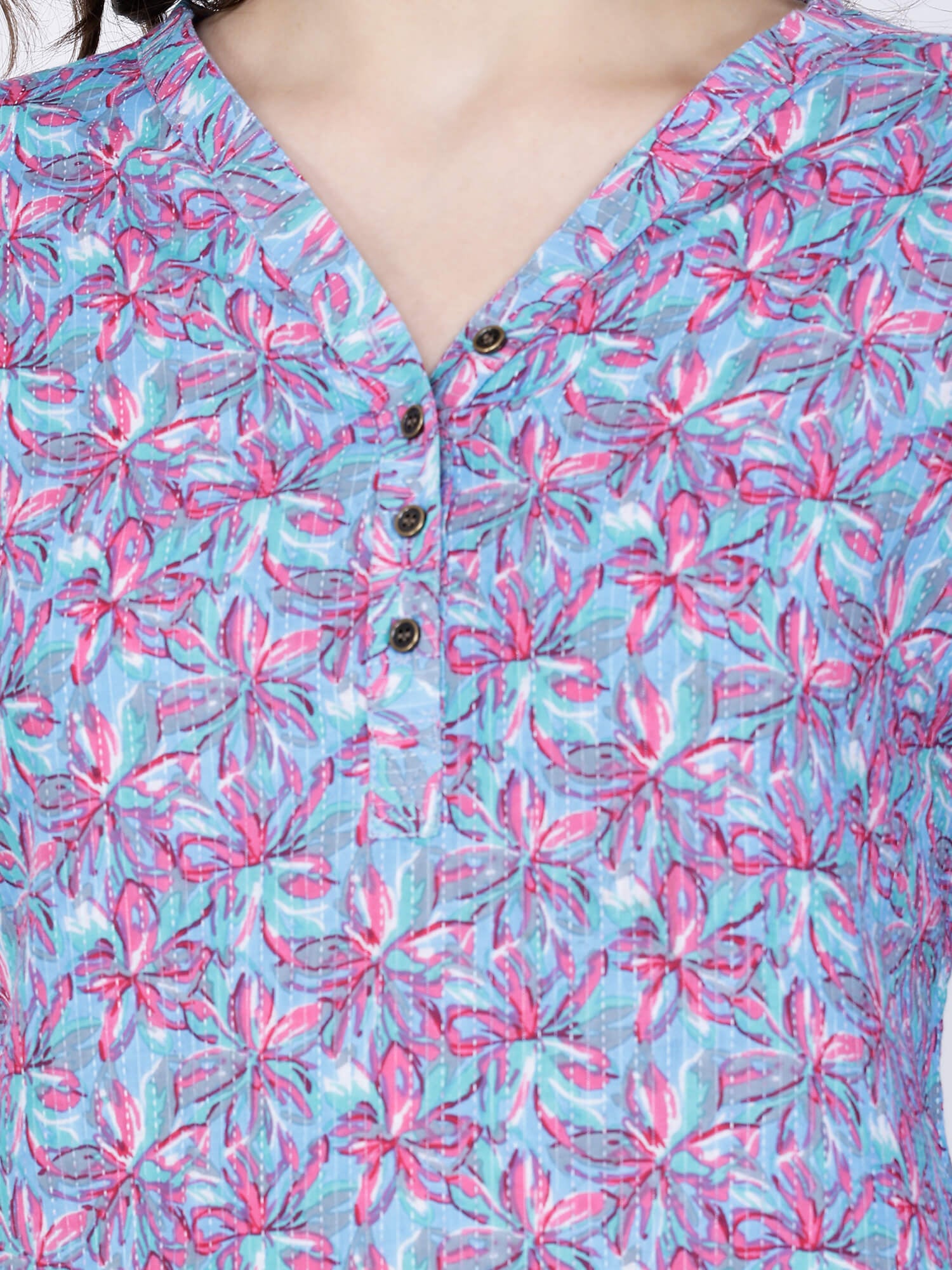 V-Neck Design with Brass Buttons – Rabric Cotton Kurti Detail