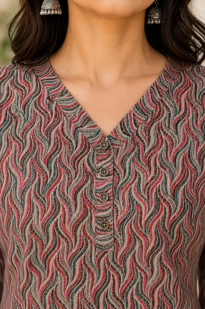 Close up of Rabric women V neck button design multicolor cotton short top with stylish printed pattern