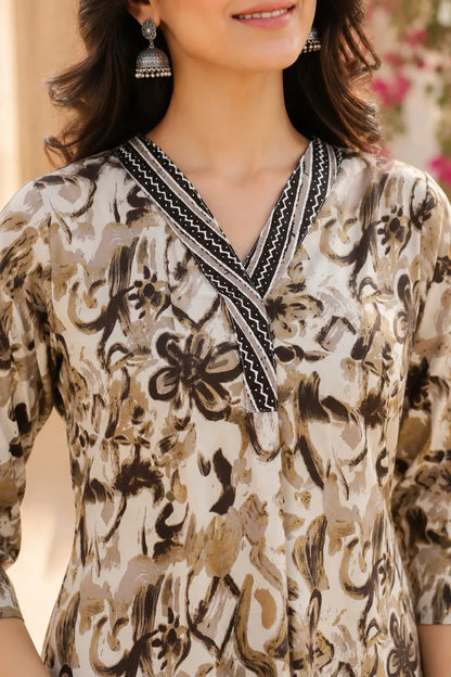 Close up neck design of Rabric beige brown cotton floral kurta featuring stylish V neck ethnic detailing