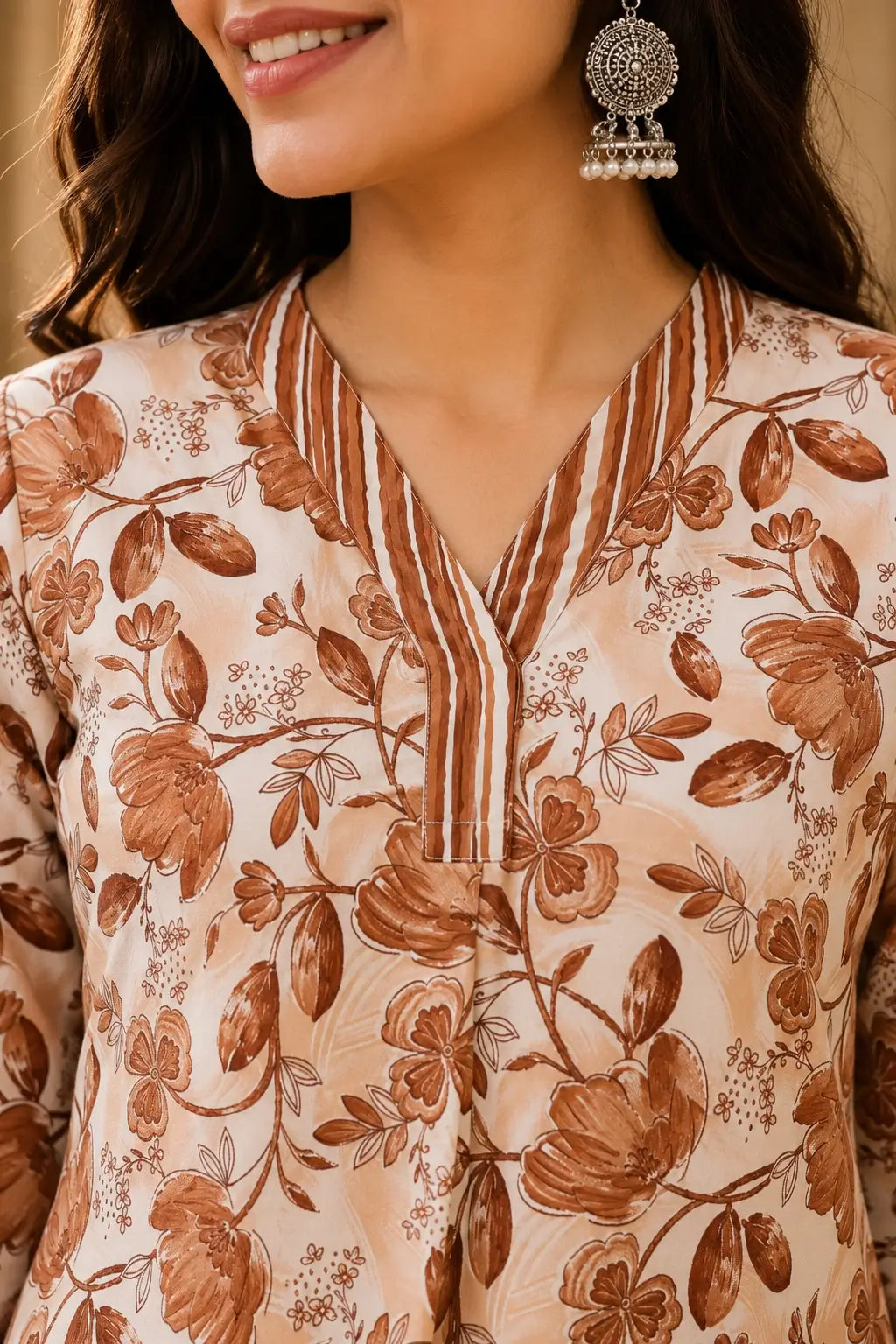 Closeup of V neck design on Rabric beige floral cotton kurta for women with striped neckline detailing