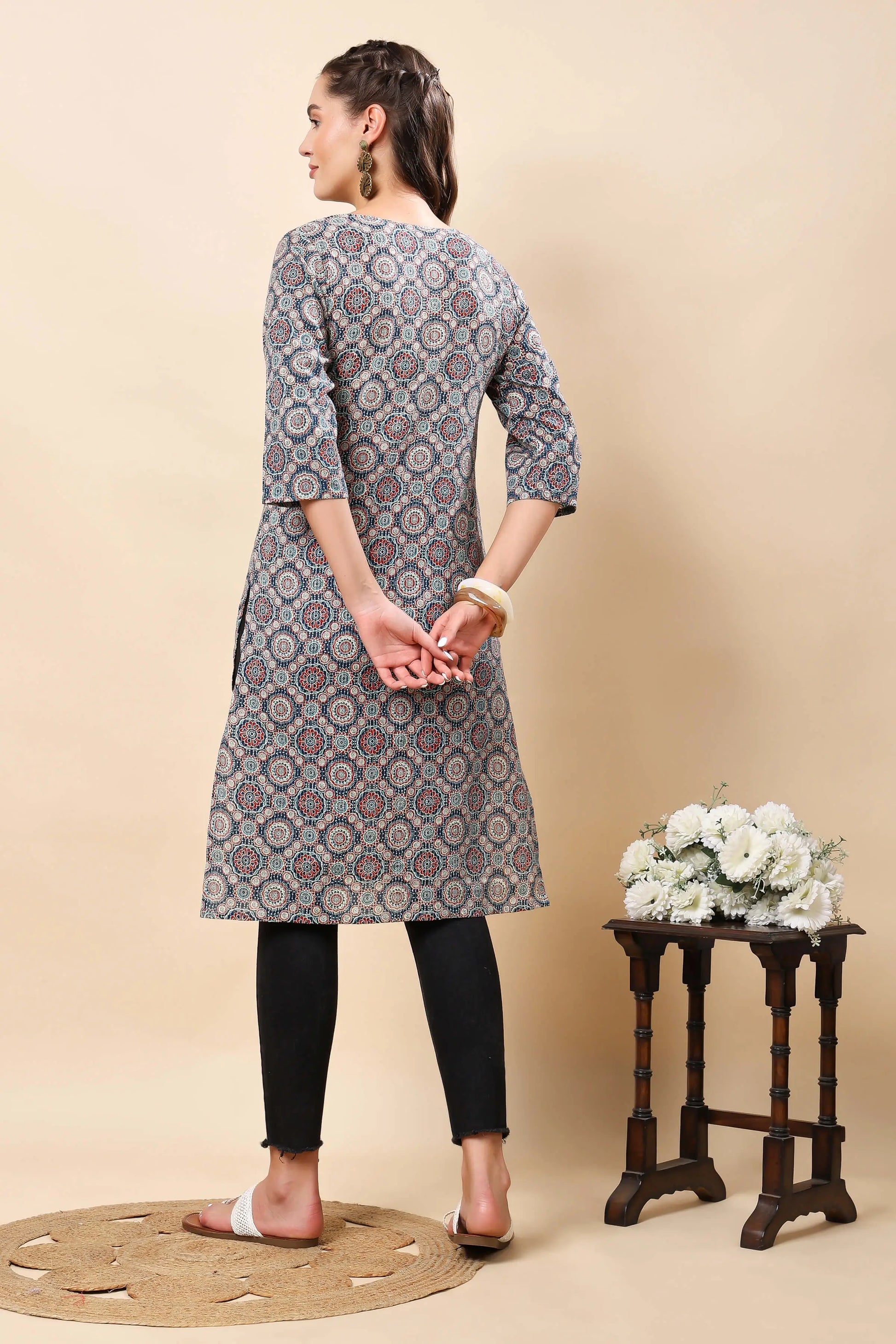 Rabric V-neck lace detailed cotton kurti with 3/4th sleeves