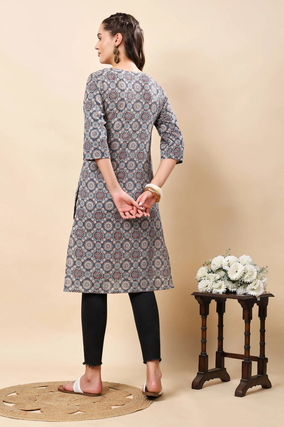 Rabric V-neck lace detailed cotton kurti with 3/4th sleeves