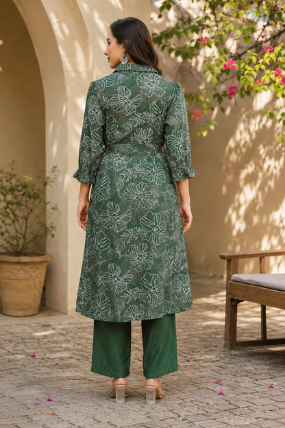 Back view of Rabric green floral vertical silk kurta palazzo co-ord set for women