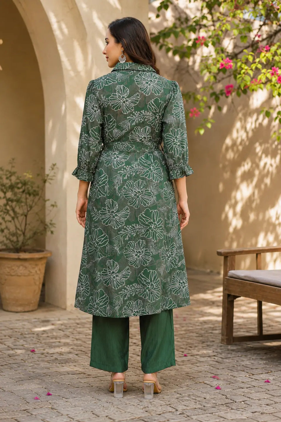 Back view of Rabric green floral vertical silk kurta palazzo co-ord set for women
