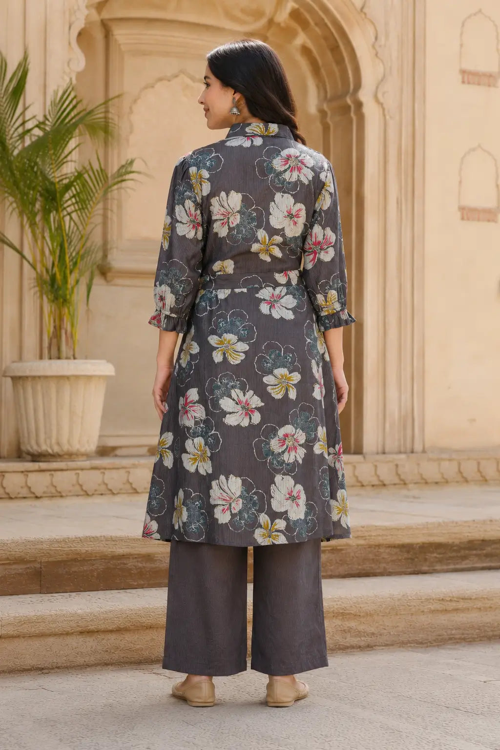 Back view of Rabric vertical silk floral kurta palazzo co-ord set for women