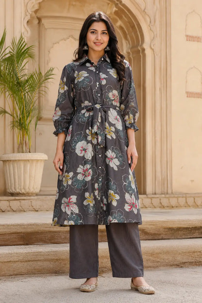 Rabric women’s vertical silk floral co-ord set front view with long kurta and palazzo pants