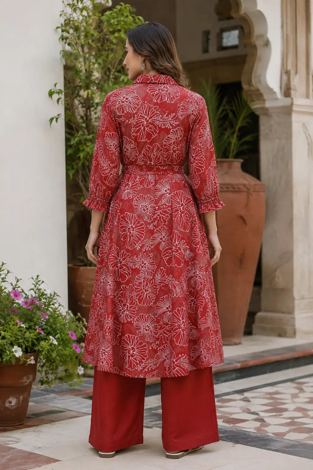 Back view of Rabric red floral vertical silk kurta palazzo co-ord set for women