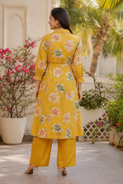 Back side view of Rabric yellow floral vertical silk kurta palazzo co-ord set for women