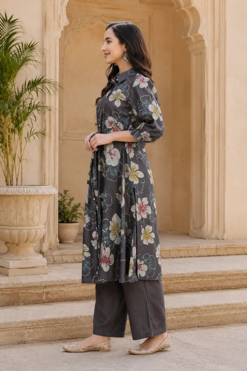 Side angle view of Rabric floral vertical silk kurta pant co-ord set for women