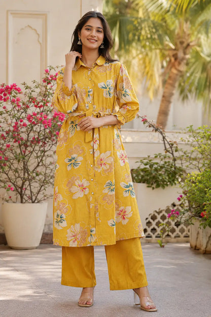 Rabric women yellow floral vertical silk co-ord set front view with long kurta and palazzo pants