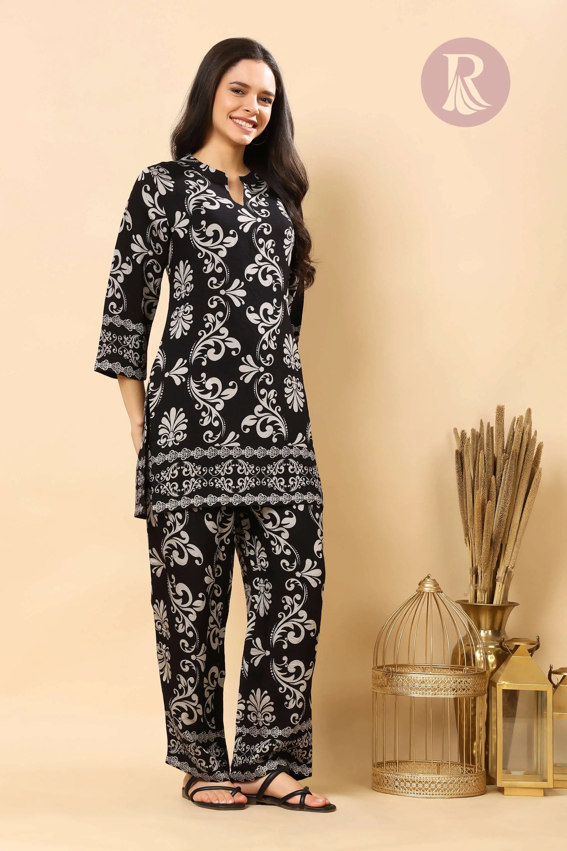 Side profile of premium vertican silk printed co-ord set for women