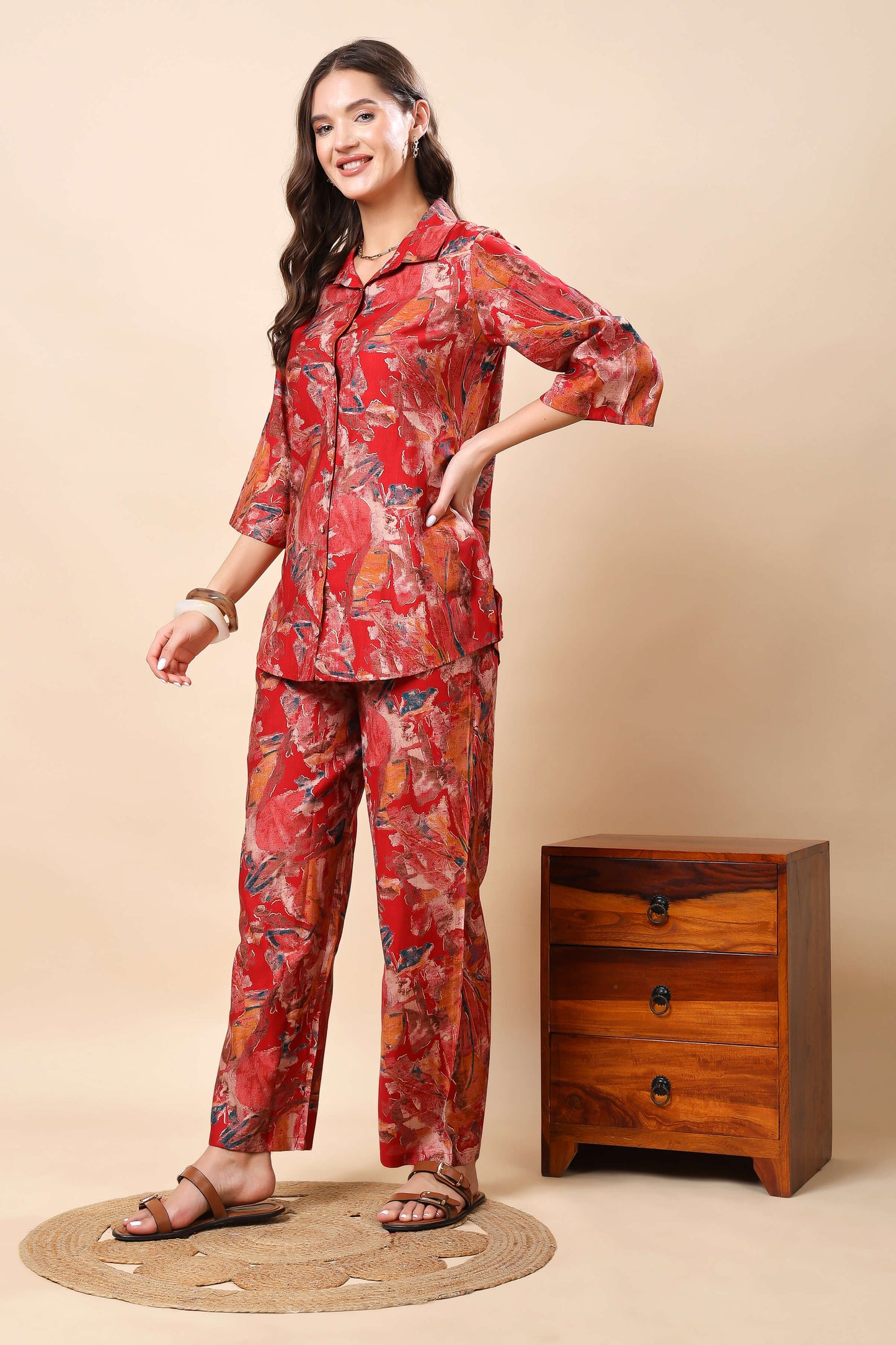 Side view of Rabric red Vertican silk co-ord set