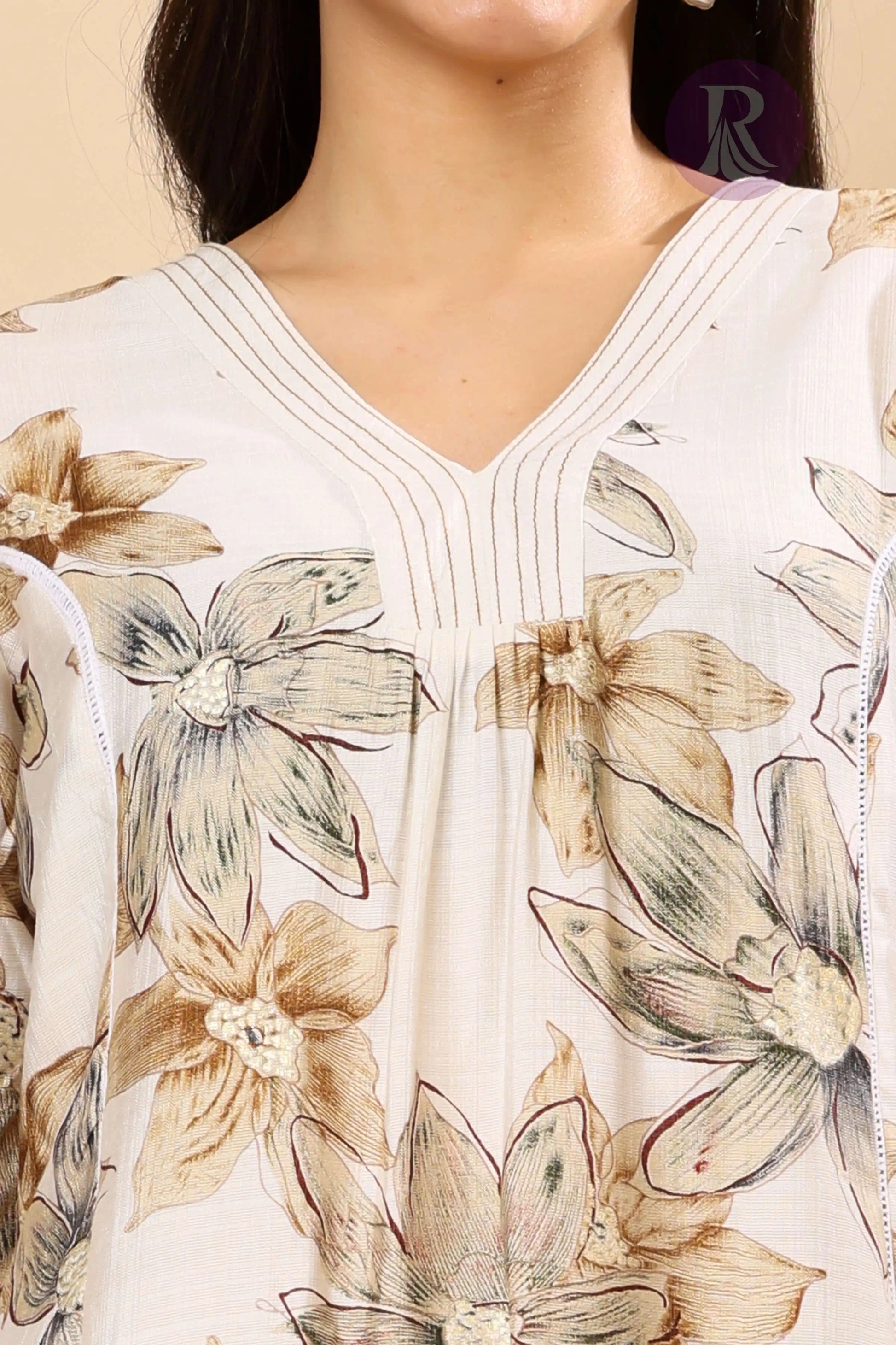 Closeup of Vertican Silk floral printed fabric for co-ord set