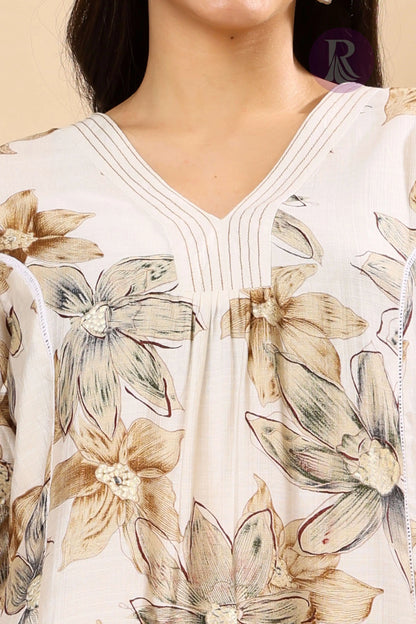 Closeup of Vertican Silk floral printed fabric for co-ord set