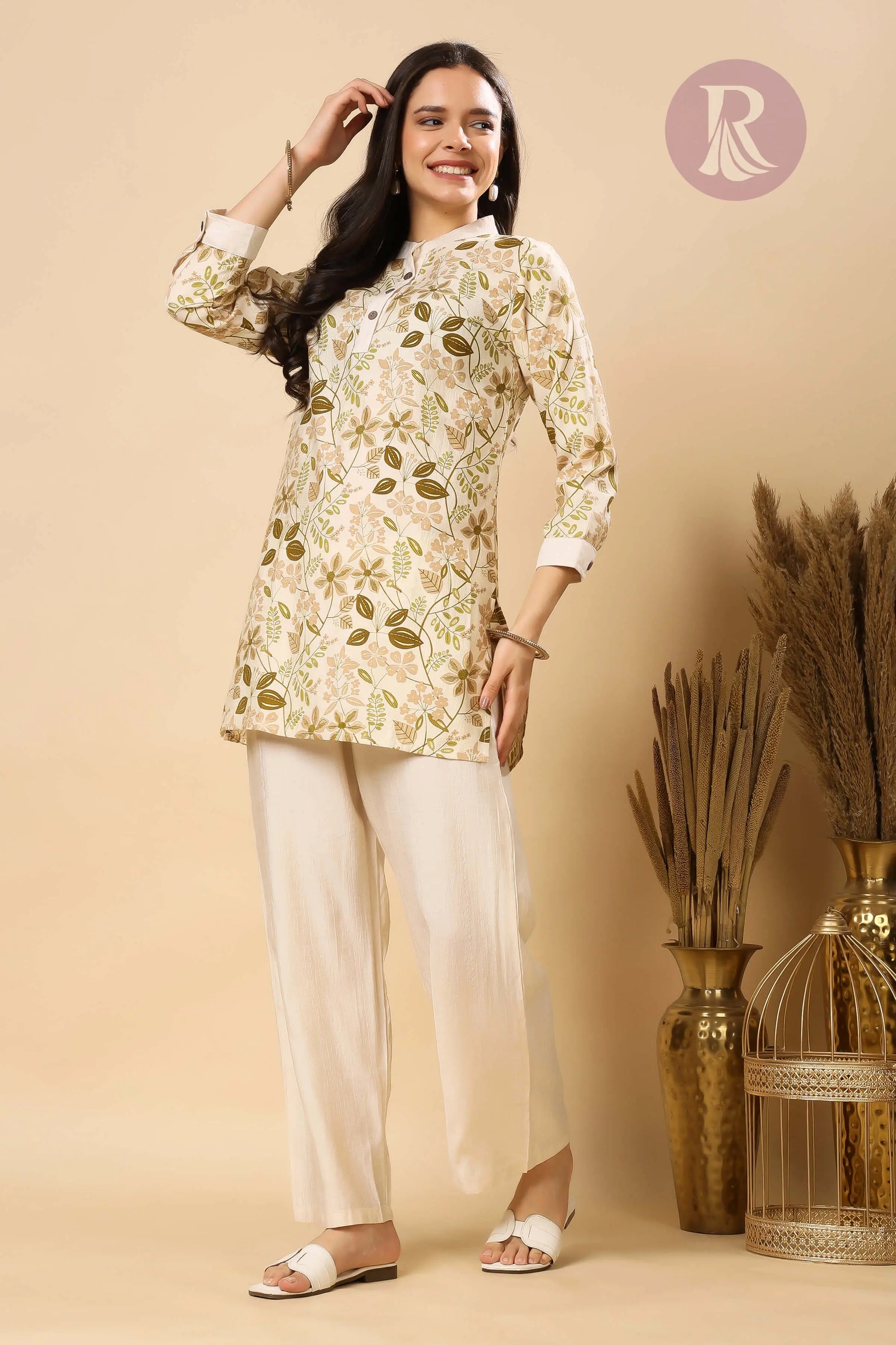 Side view of cream floral Vertican Silk co-ord set for women by Rabric – summer comfortable co-ord set