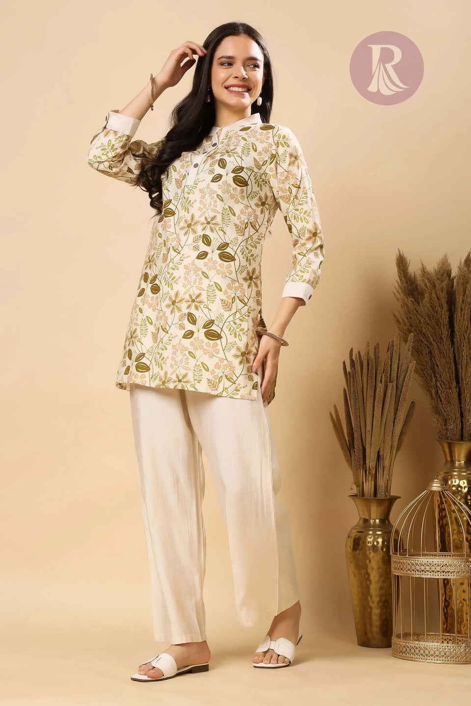 Side view of cream floral Vertican Silk co-ord set for women by Rabric – summer comfortable co-ord set