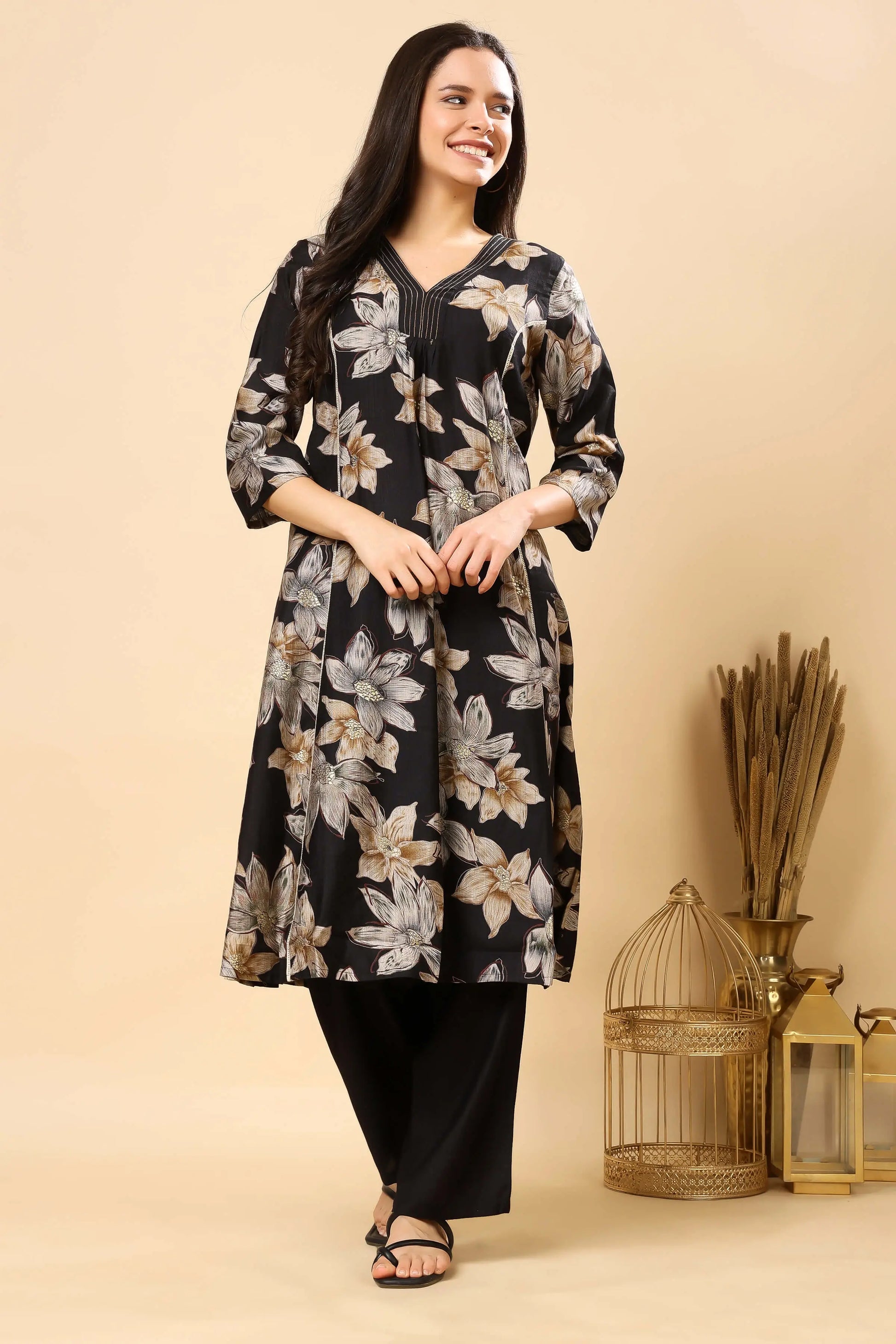 Rabric Vertican Silk floral co-ord set for women front view in black A-line kurti design