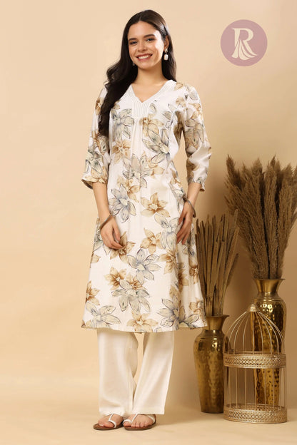 Cream floral kurti pant co-ord set for women by Rabric overall look