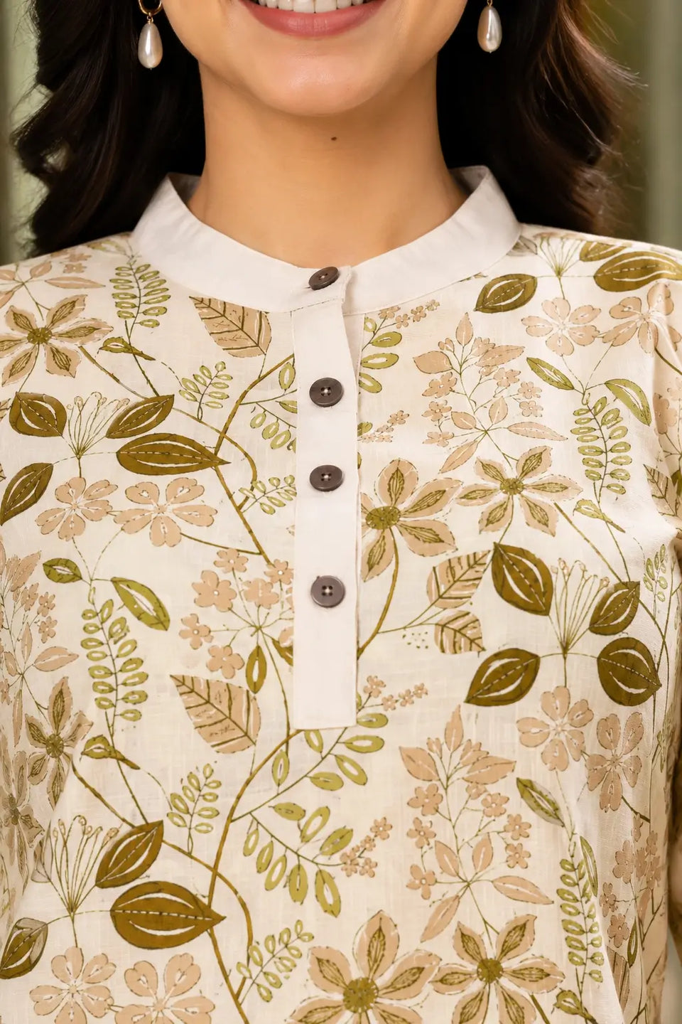 Close-up neck design of Rabric floral printed Vertican Silk kurti featuring mandarin collar and button detailing for women