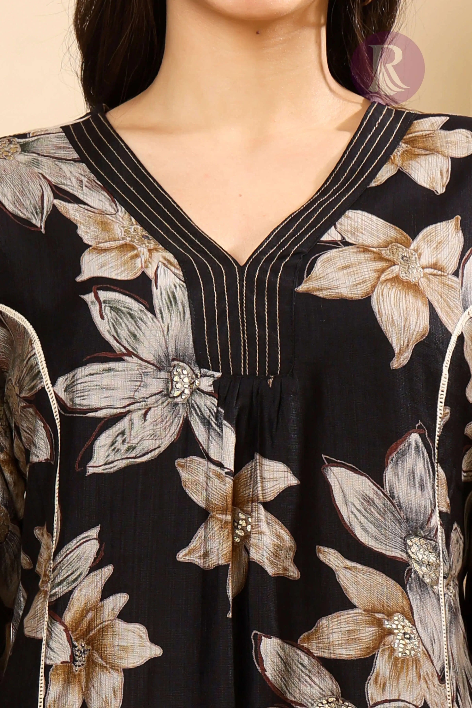 V-neck kurti design with thread work on Vertican Silk fabric closeup