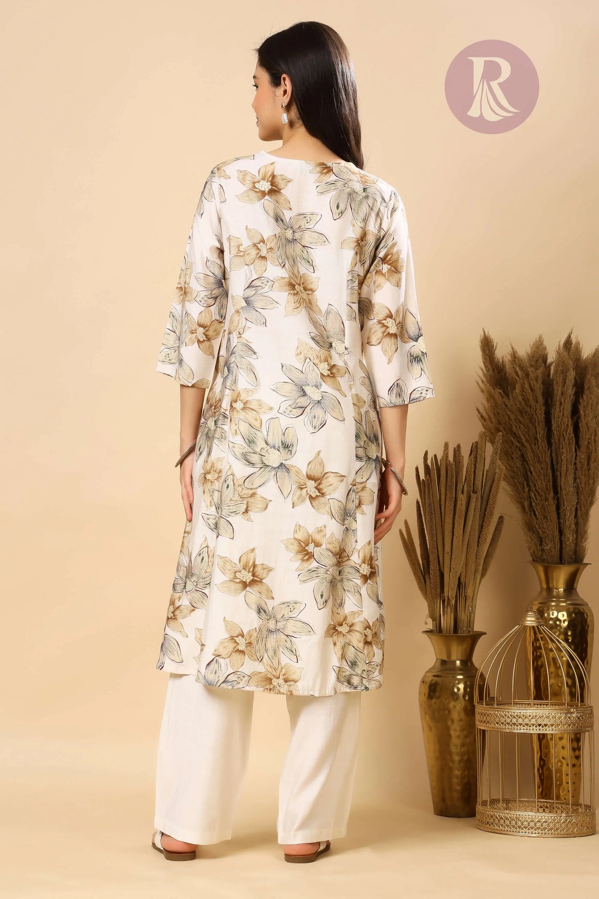 Vertican Silk A-line kurti with V-neck thread work for women