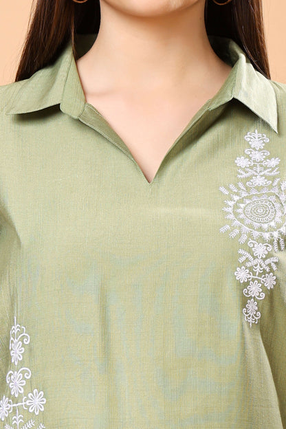 V Neck Collar Top with White Embroidery by Rabric