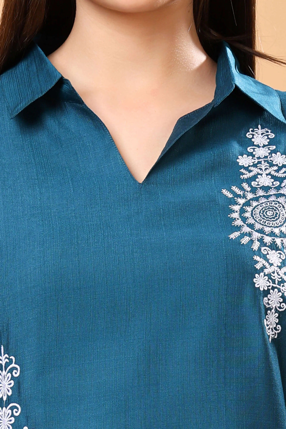 V-Neck Collar Top in Teal Blue with Elegant Embroidery