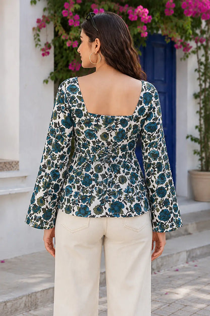 Back view of Rabric white blue floral cotton short top featuring square neck and stylish dori tie-up design for women