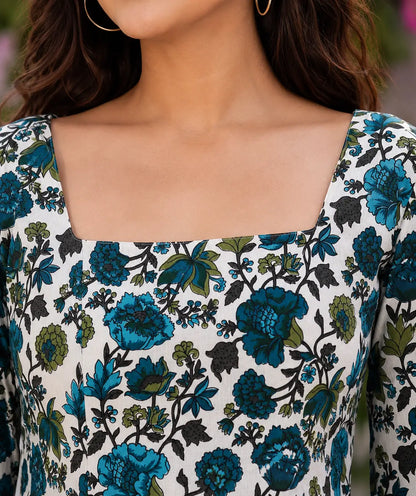 Square neck closeup of Rabric white blue floral printed cotton short top with elegant feminine neckline