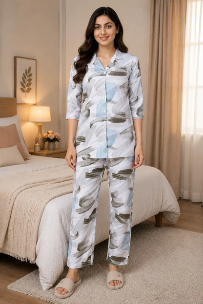 Rabric women white blue grey glace cotton co-ord night suit set front view with 3/4 sleeve printed shirt and comfortable pajama pant