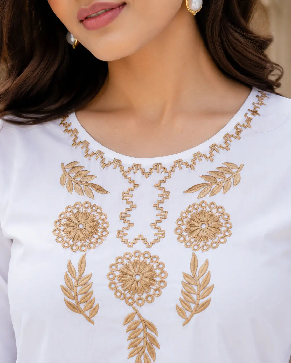 Close up neck embroidery design on Rabric white cambric cotton short top for women with elegant floral embroidery