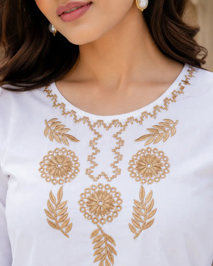 Close up neck embroidery design on Rabric white cambric cotton short top for women with elegant floral embroidery