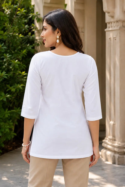 Back view of Rabric white cotton short top for women with 3-4 sleeves soft cambric cotton casual ethnic wear