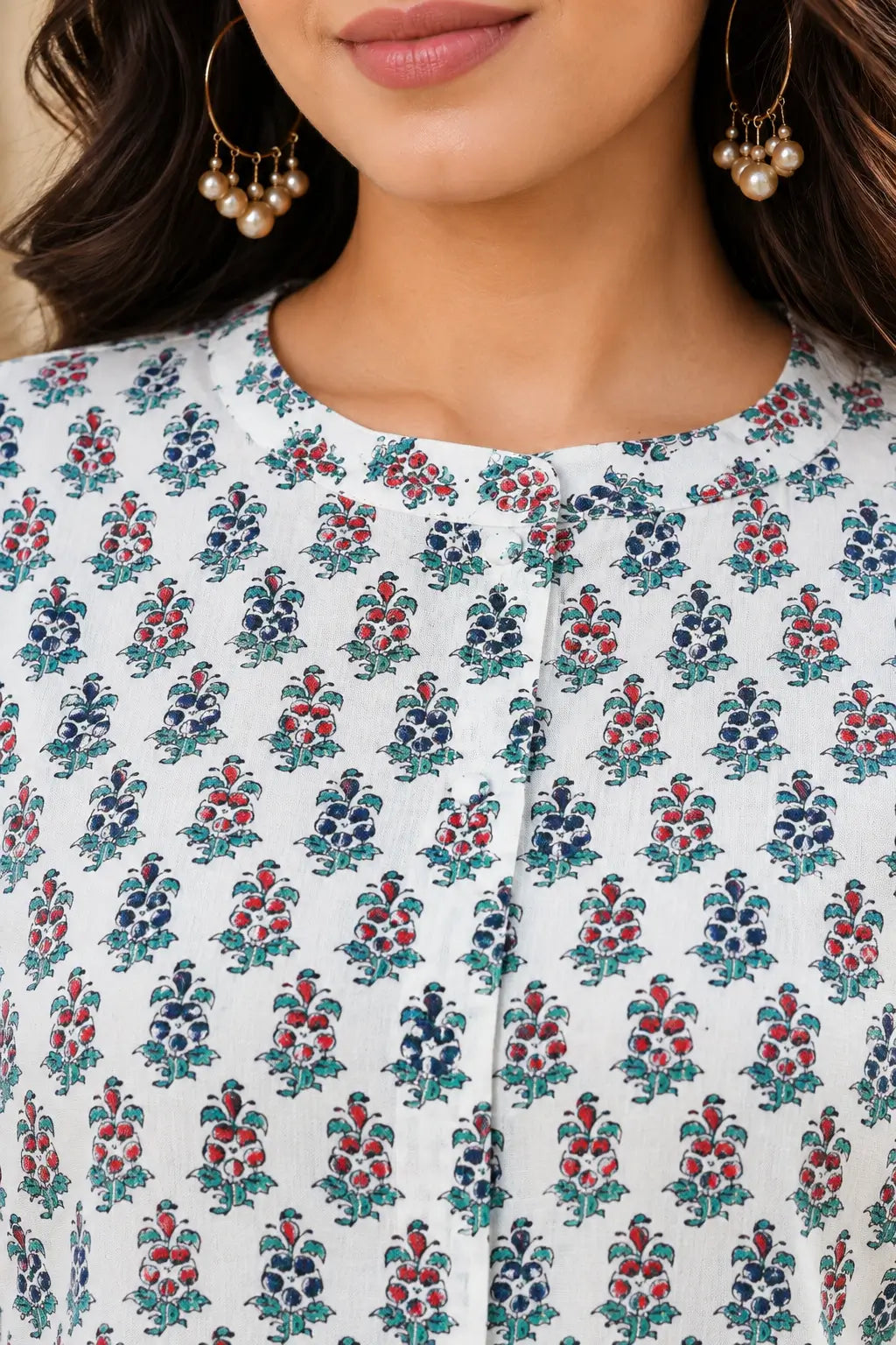 Close-up round neck design of Rabric white floral cotton short top for women with front button detailing