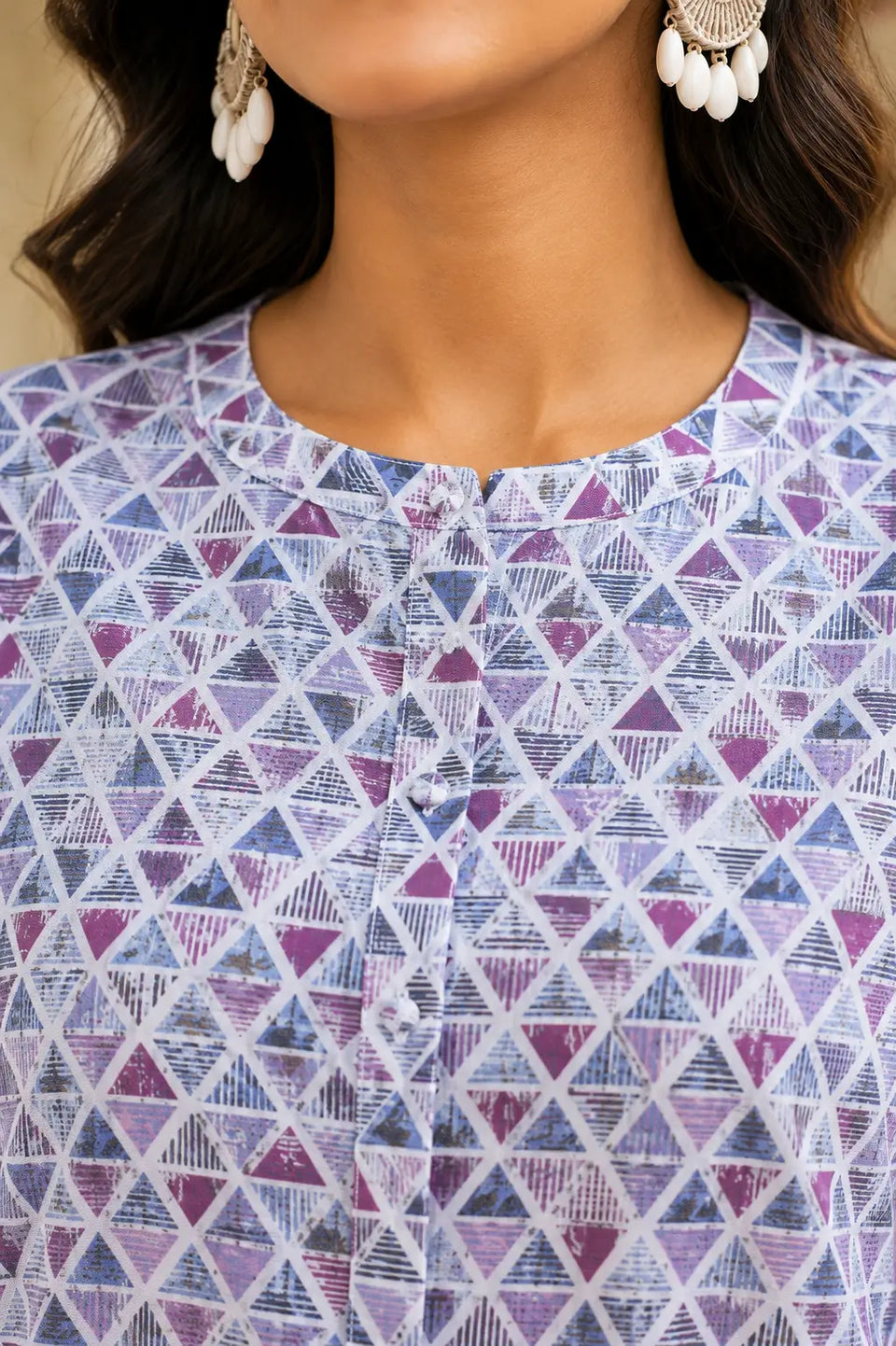 Close-up round neck design of Rabric white floral cotton short top for women with front button detailing