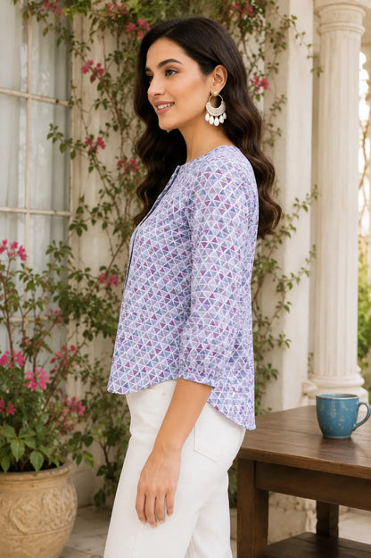 Side angle view of Rabric white floral cotton shirt style short top for women with relaxed casual fit