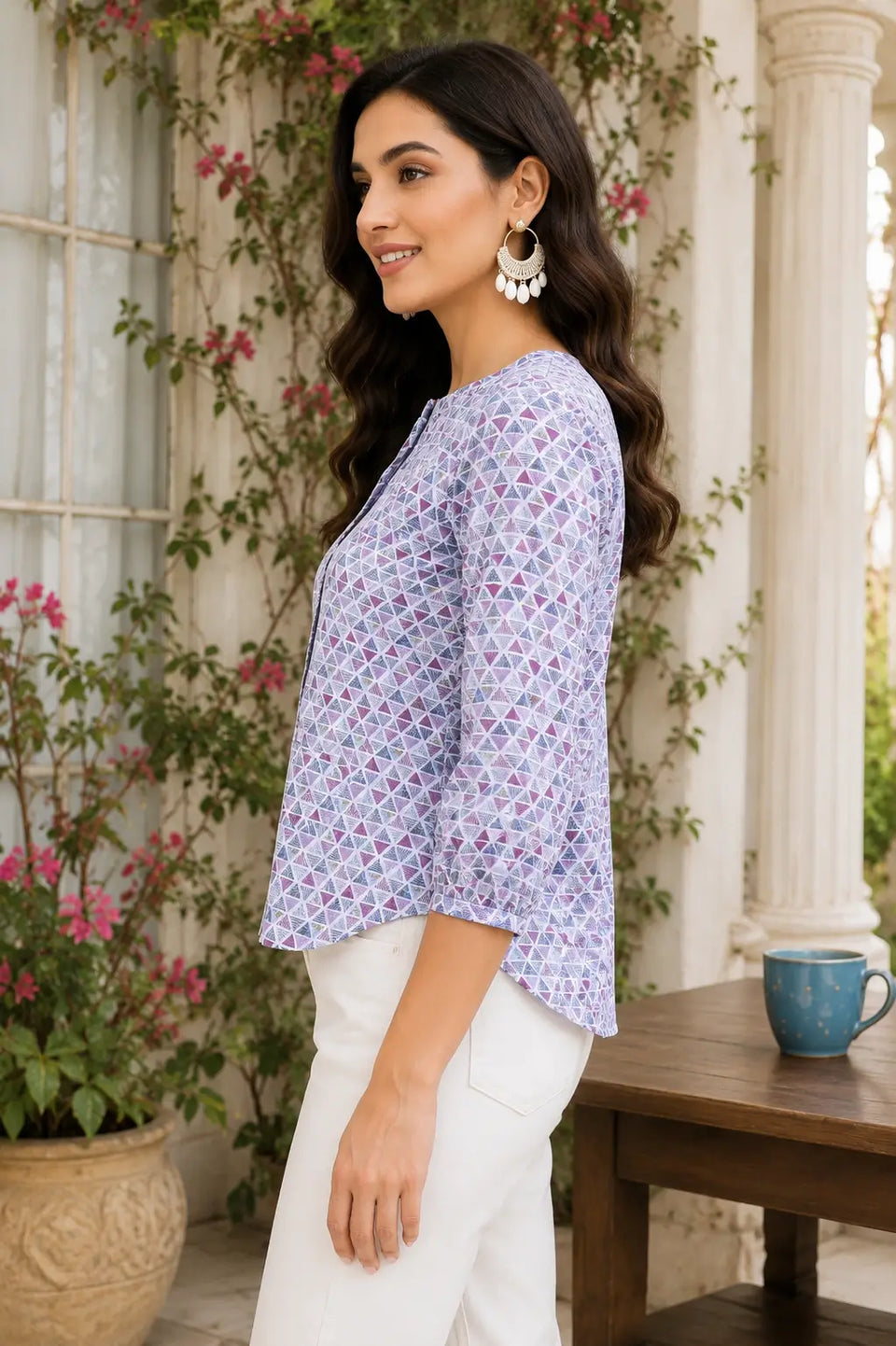 Side angle view of Rabric white floral cotton shirt style short top for women with relaxed casual fit