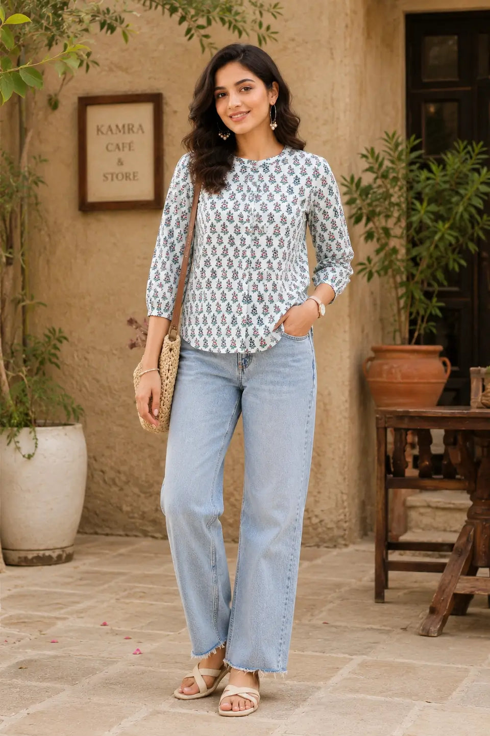 Rabric white floral cotton short top for women styled with denim jeans in casual lifestyle outdoor fashion look