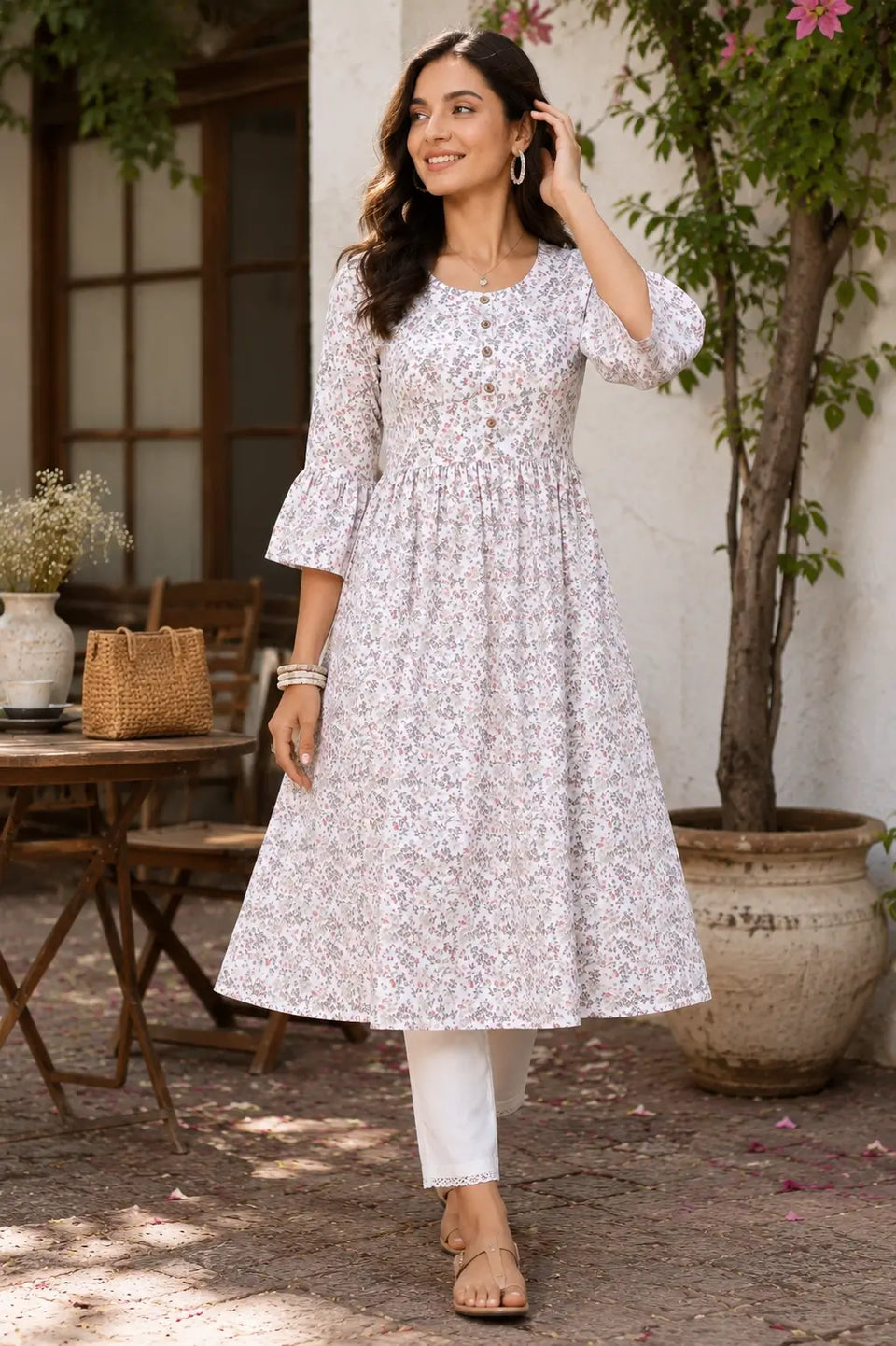 Rabric white floral crepe women kurti lifestyle fashion look with stylish casual accessories