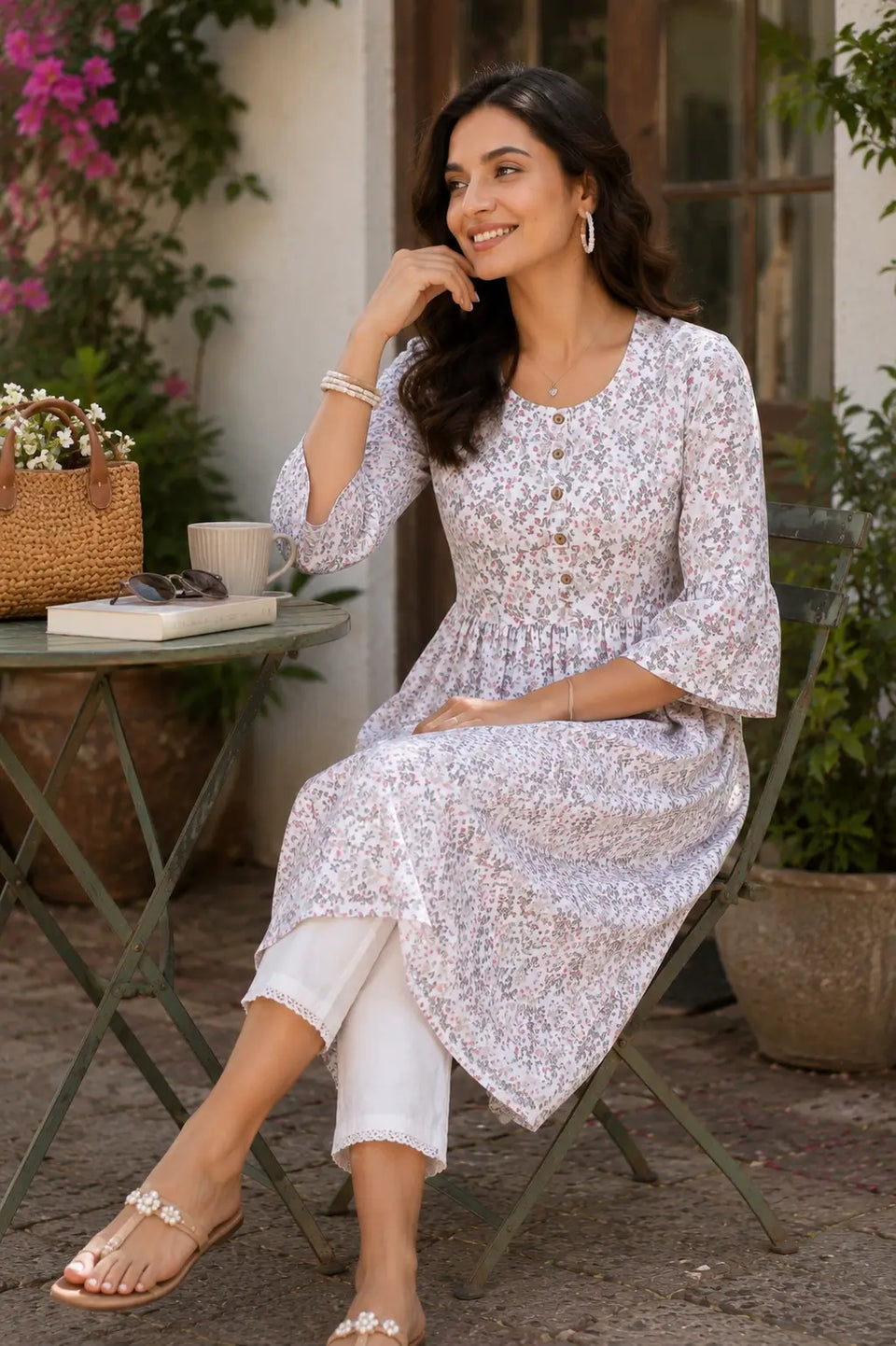 Women wearing Rabric white floral crepe kurti in casual sitting pose with stylish accessories