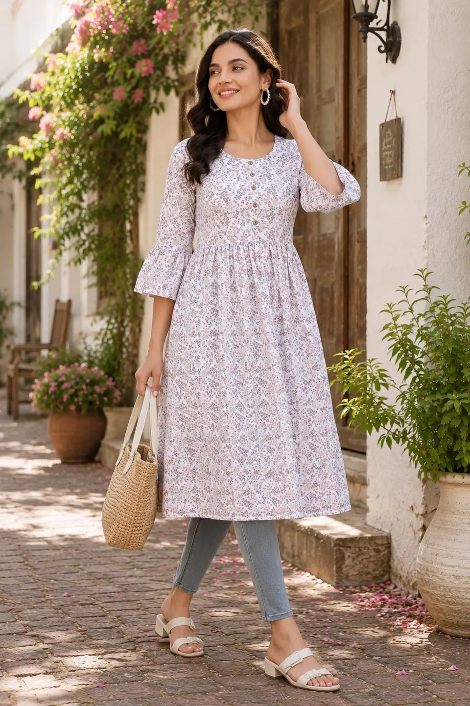 Rabric white floral crepe women kurti front view with round neck and 3-4 bell sleeves casual ethnic wear