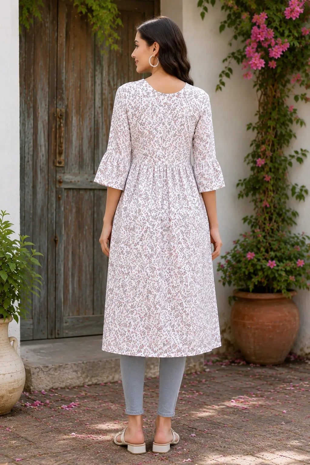 Back side view of Rabric white floral crepe kurti for women full length ethnic casual outfit