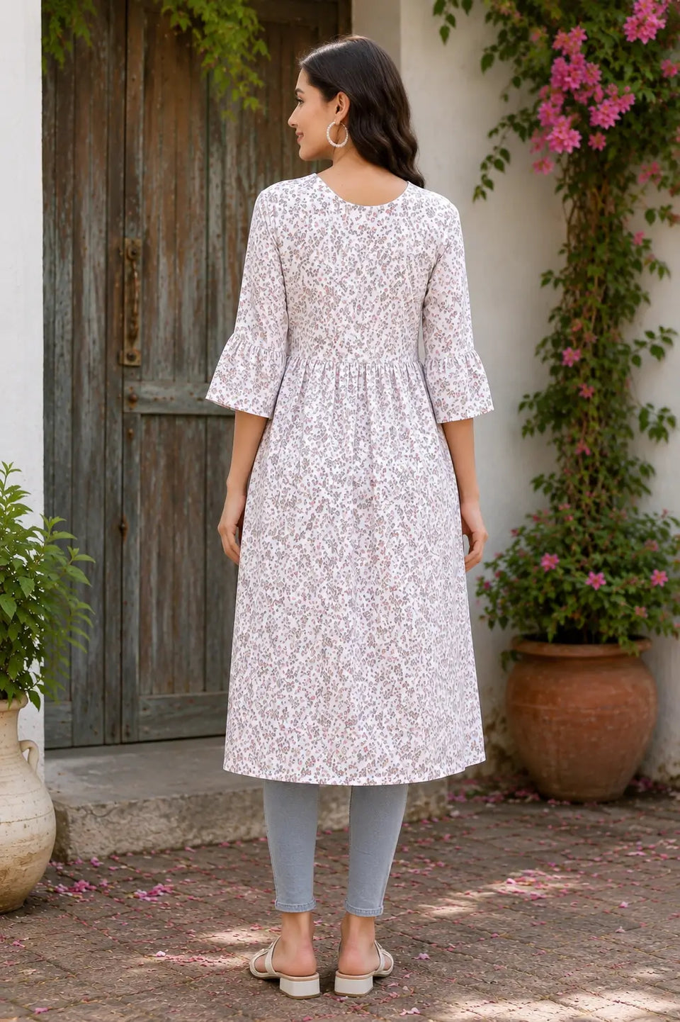 Back side view of Rabric white floral crepe kurti for women full length ethnic casual outfit