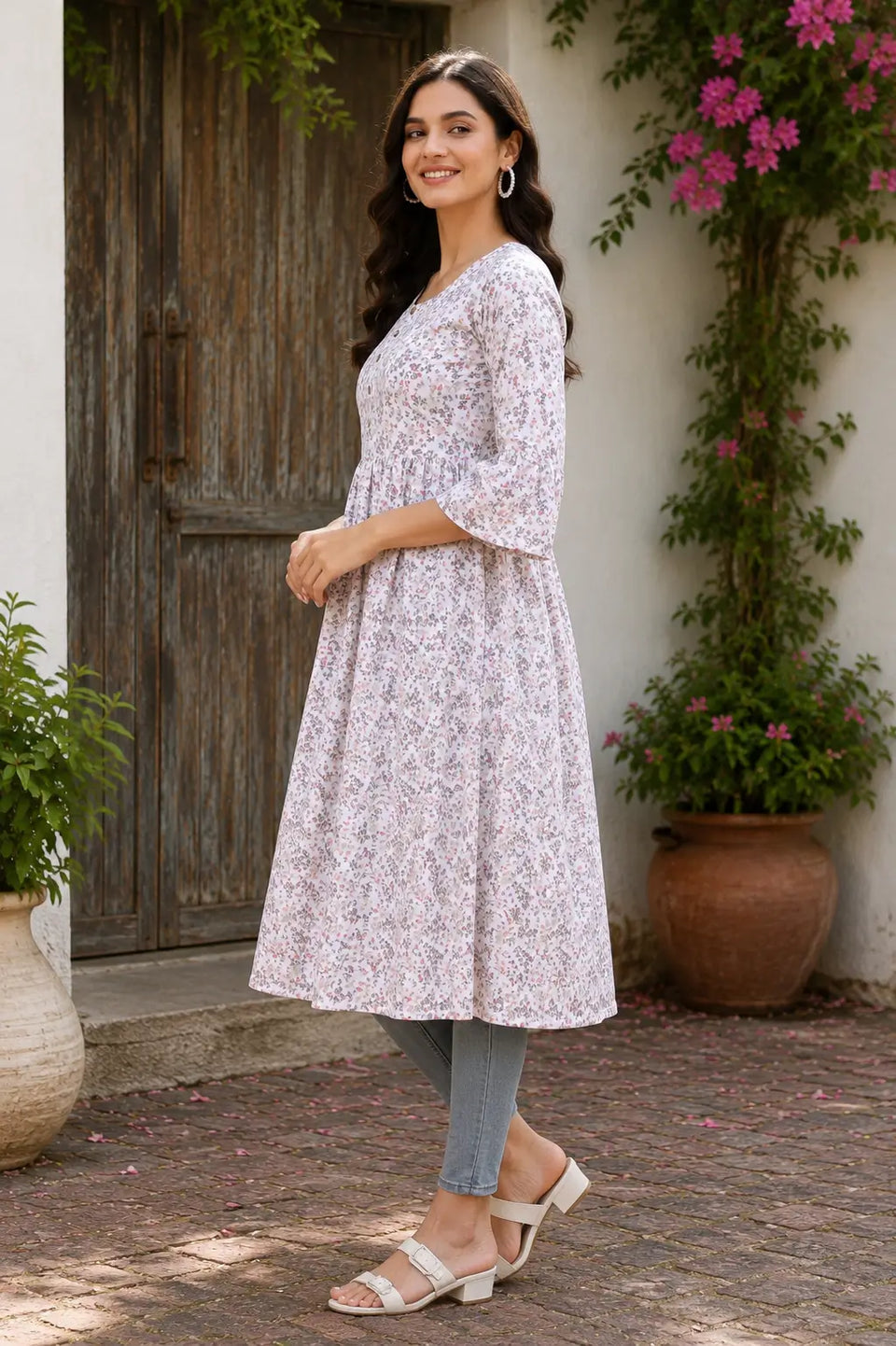 Side angle view of Rabric white floral crepe kurti with 3-4 sleeves stylish women ethnic wear