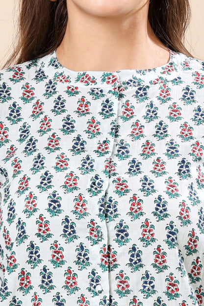 Closeup of White Floral Print Top with Front Buttons – Rabric Women’s Collection